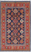 Kazak Teppich Dunkelblau mit traditioneller Ornamentik 193 x 121 cm